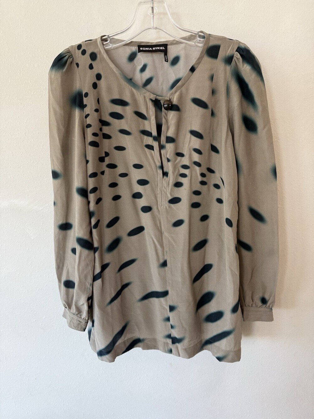 Sonia Sonia Rykiel Women’s 100% Silk Pattern Blouse Size EUR 40 Tan Beige Teal